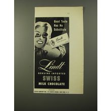 1954 Lindt Swiss Milk Chocolate Ad - Good taste has no substitute