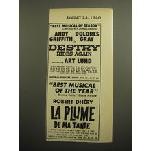 1960 Broadway Plays Advertisement - Destry Rides Again; and La Plume de ma Tante