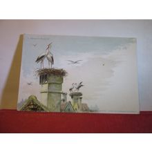 AMOUR ET RIVALITE, STORKS ON CHIMNEYS unused French antique postcard bird =