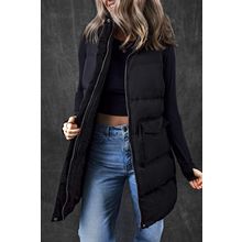 Black Windproof Longline Full Zipper Puffer Vest with Pockets