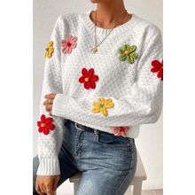 White Colorful Flower Applique Textured Knit Sweater