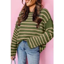 Green Stripe Drop Shoulder Casual Sweater