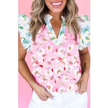 Multicolour Contrast Floral Patchwork Notched Neck Flutter Sleeve Blouse