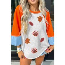 Light Grey Sequin Fall Elements Patched Color Block Patchwork Long Sleeve Loose
