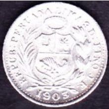 1903 Peru 1 Half Dinero Silver Coin