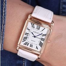Gents Square Tank Face High Quality White Calfskin Genuine Leather Strap Watch