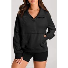 Black Quarter Zip Stand Neck Kangaroo Pocket Sweatshirt