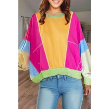 Grapefruit Orange Colorblock Patchwork Exposed Stitching Oversize Top