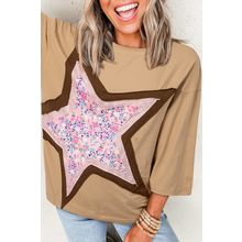 Camel Floral Star Patchwork 3/4 Long Sleeve Top