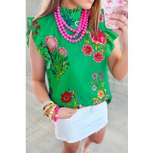 Green Floral Print Flutter Sleeve Frilly Neck Blouse