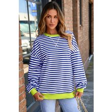 Sky Blue Stripe Striped Contrast Ribbed Trim Drop Shoulder Baggy Sweatshirt