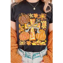 Black Thanksgiving Pray Cross Pumpkin Graphic Cotton Blend Tee