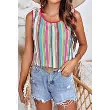 Rose Stripe Rainbow Eyelet Knit Button Decor Tank Top