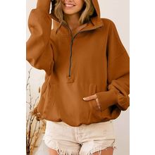 Brown Ribbed Trim Kangaroo Pocket Zipped Hoodie
