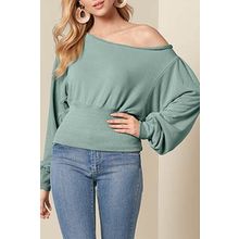Green Off Shoulder Bishop Sleeve Cinched Waist Blouse