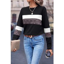 White Leopard Colorblock Patchwork Crew Neck Long Sleeve Tee