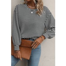 Black Stripe Round Neck Drop Shoulder Long Sleeve Top