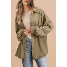 Moss Green Waffle Knit Patchwork Buttoned Oversized Shacket