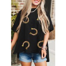 Black Western Shiny Horseshoes Pattern High Low Hem Casual T Shirt