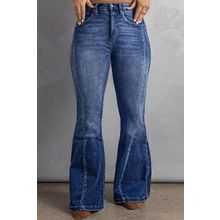 Dark Blue Plus Size Stitching Washed Flare Jeans
