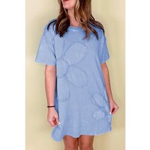 Sky Blue Mineral Wash Flower Patchwork Mini T Shirt Dress