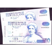 1993 New Zealand Banknote 10 Dollars x 2 Brash Type III AA First prefix Green Bk