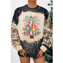 Black Christmas Tree Graphic Bleached Leopard Tie Dye Sweatshirt