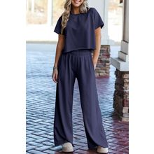 Navy Blue Raw Hem Loose Tee and Wide Leg Pants Set