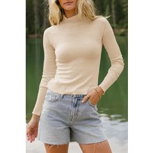 Parchment Ribbed Knit Lettuce Trim High Neck Long Sleeve Top