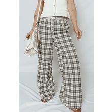 Gray Plaid Wide Leg Casual Pants