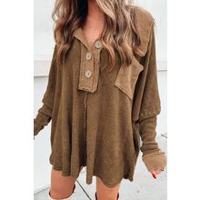 Brown Waffle Knit Buttoned Long Sleeve Top