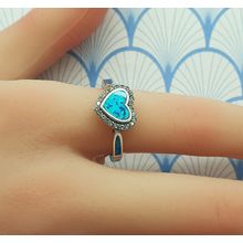 Vintage 925 Sterling Silver and Created Aqua Blue Fire Opal Heart Ring with Box