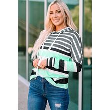 Green Striped Drawstring Long Sleeve Hoodie