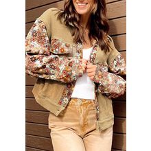 Khaki Waffle Knit Floral Print Patchwork Button up Jacket