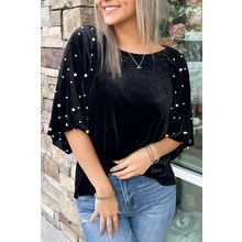 Black Pearl Beaded Half Sleeve Velvet Top