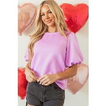 Phalaenopsis Solid Textured O Neck Puff Sleeve Blouse