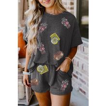 Carbon Grey Sequin Crawfish Food Print Textured Tee and Short Set