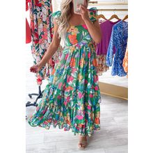 Green Floral Print Sleeveless Ruffle Tiered Maxi Dress