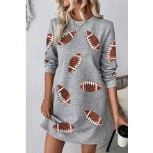 Gray Sequin Rugby Football Graphic Textured Long Sleeve Shift Mini Dress