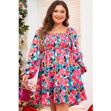 Rose Flower Print Smocked Square Neck Plus Size Dress