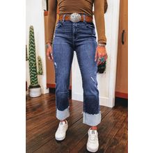 Real Teal Folded Cuffs Distressed Straight High Waist Jeans