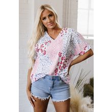 Pink Mixed Leopard Print V Neck Short Sleeve Blouse