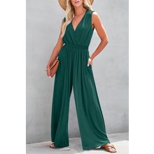 Blackish Green Deep V Pleated Crisscross Wide Leg Backless Jumpsuit
