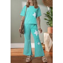Mint Green Acid Wash Star Patched Rolled Trim Pants Set