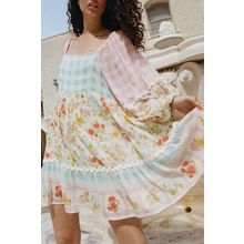 Pink Ric Rac Plaid Floral Print Patchwork Bubble Sleeve Dress