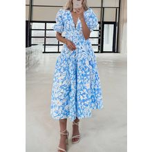 Sky Blue Floral V Neck Puff Short Sleeve Flowy Long Dress