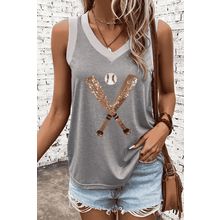 Gray Sequined Baseball Bat Graphic Ribbed Trim Casual Tank Top