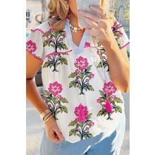 Rose Vintage Floral Print Contrast Notched V Neck Plus Size Summer Blouse