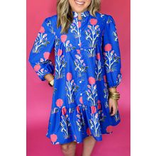 Blue Floral Print Button Detail 3/4 Puff Sleeve Ruffle Hem Dress