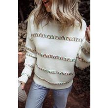 White Colorful Crossed Stitch Drop Shoulder Sweater